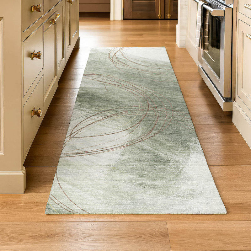 Premium Machine Washable Mayfield AMF2396 Abstract Rug, 2'3" x 7'6" Runner, Sage