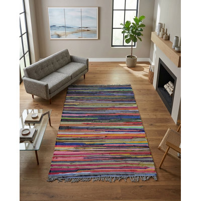 Tapis d'intérieur contemporain en coton multicolore tissé à la main