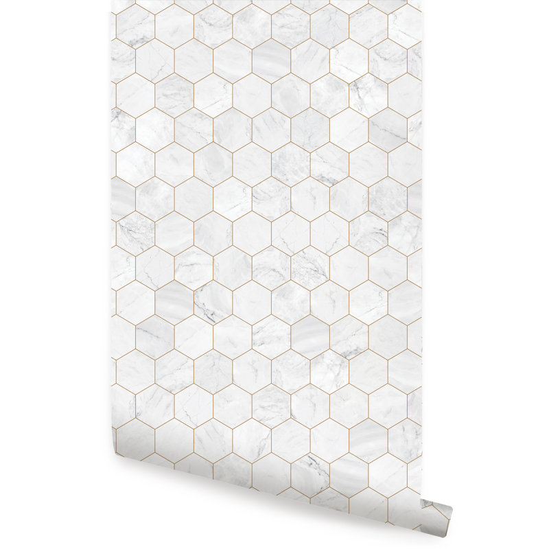 Panneau de papier peint hexagonal en marbre, L 2 pi x H 18 pi, Or cuivré