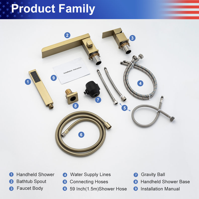 1 Handle Wall Waterfall Faucet with Diverter, Brushed Gold