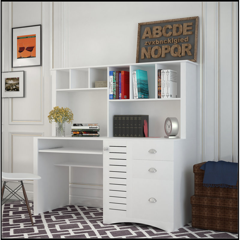Antiqued Finish Home Office Computer Desk with Hutch and Ample Storage, Perfect for Organized Workspaces.