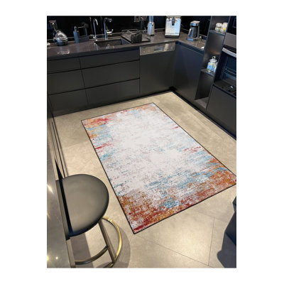 Orange Embroidered Pastel Patterned Woven Base Washable Decorative Rug