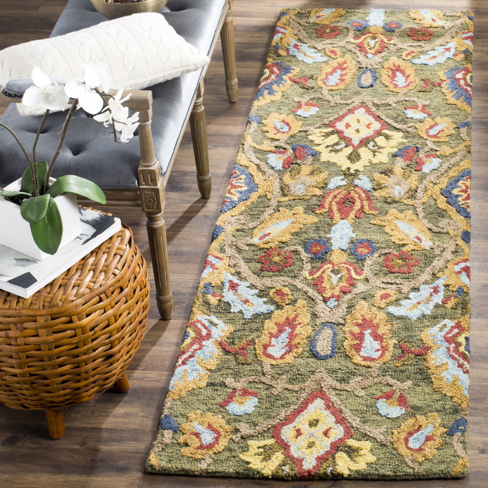 Tansy Green Multi Handmade Wool Floral Rug, Runner 2'3" x 10'