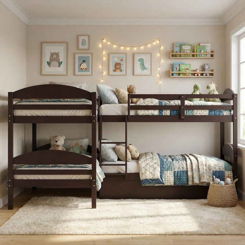 Nevaeh Kids Twin Over Twin Bunk Bed with Trundle, Espresso