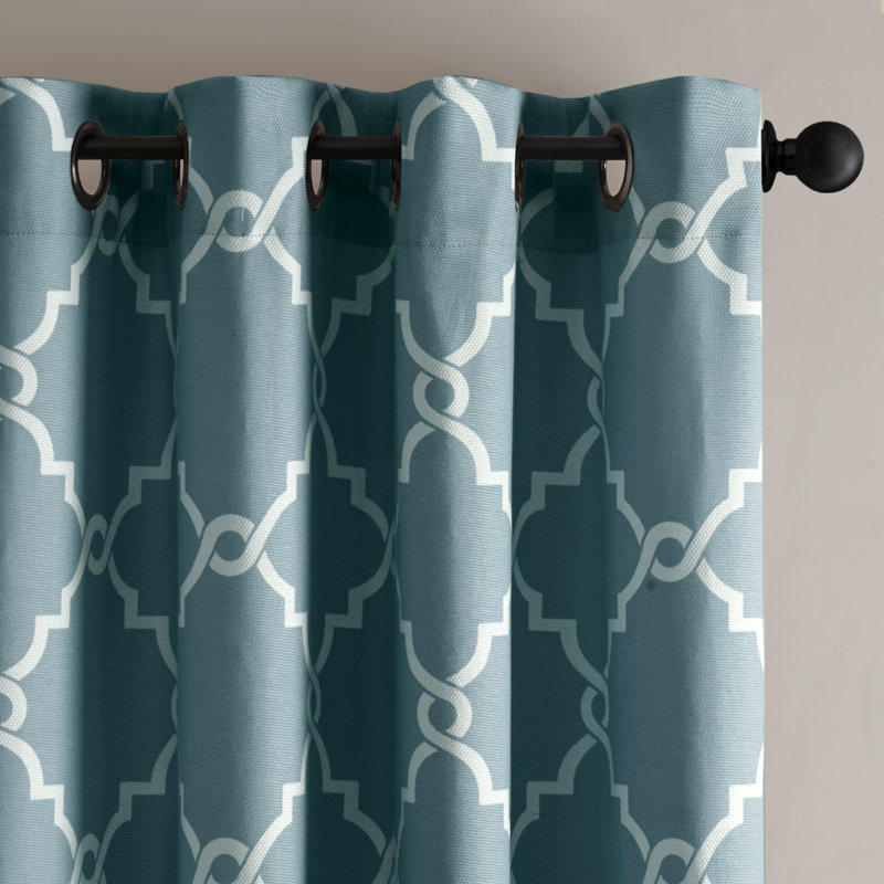 Fretwork Print Grommet Top Single Window Curtain Panel, 50" W x 84" L, Blue/White