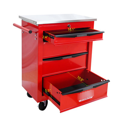 Multifunctional 4 - Drawer Tool Cart With Wheels And Stainless Steel Top, Red & Black, For Workshop Garage Storage, 2 Brakes, One Side Pull Handle, 15Kg Loading Bearing System, Key Locked Storage