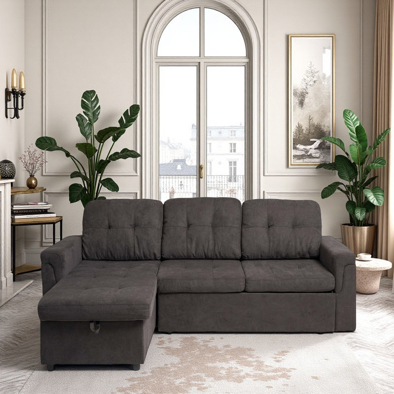 Canapé modulaire rembourré Mara avec lit escamotable et méridienne de rangement