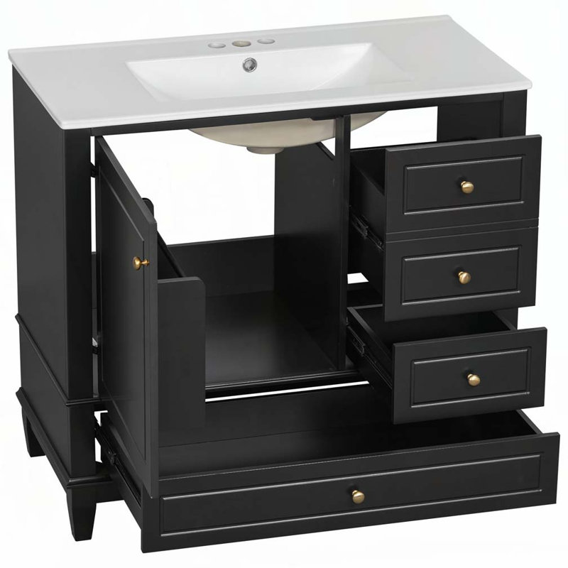 36" Bathroom Vanity with Ceramic Sink, Black/Gold