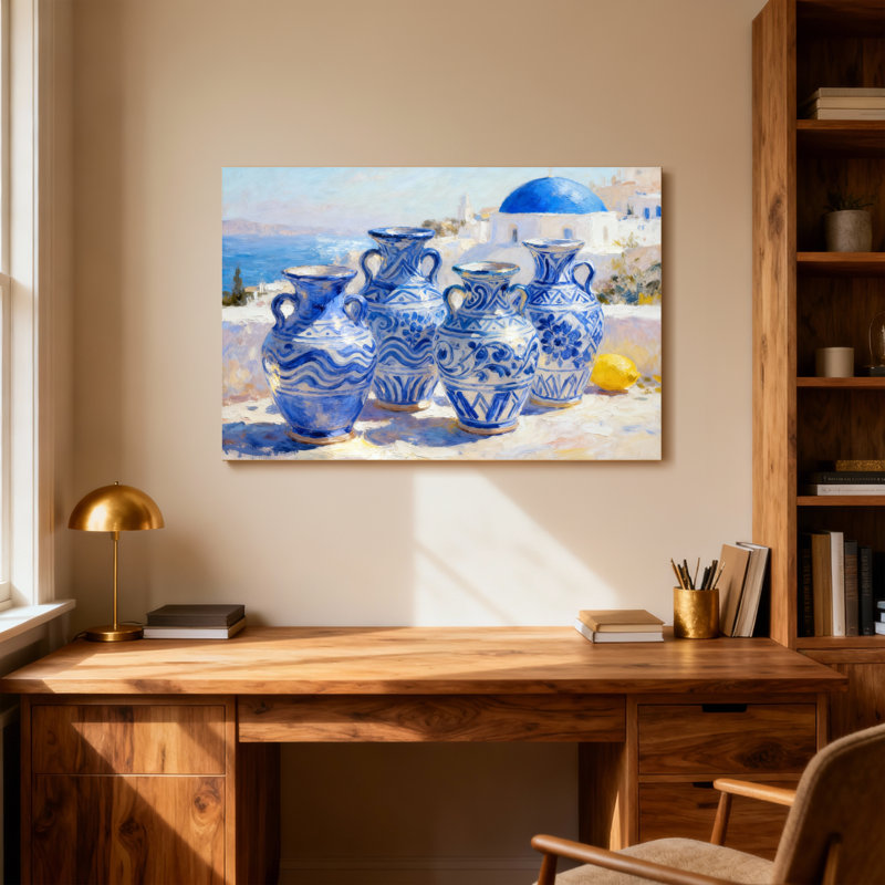Vases en céramique bleu et blanc tendance avec vue sur la mer, H 32 po x l 48 po
