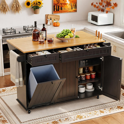 Chariot pour îlot de cuisine 55 po avec rangement - abattant pliable, étagère à épices, porte-serviette, range-couteaux et poubelle de 10 gallons - table de cuisine mobile pour la maison.