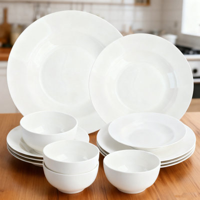 12-Piece Bone China Dish Set For 4, White Dinner Plates, Salad Plates & Bowls, Microwave And Dishwasher Safe, Affordable Elegance