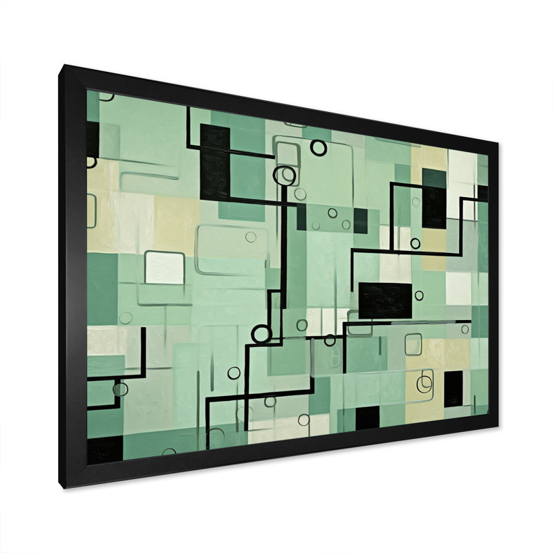 «Retro Geometrics In Faded Emerald And Blue», reproduction d'art sur toile, H 12 po x l 20 po x P 1 po, Cadre simple noir