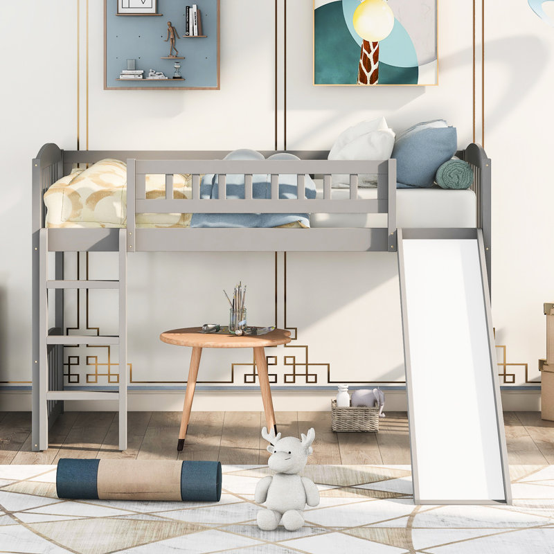 Lit mezzanine simple gris avec glissade et - pour les petits espaces, lecture sous le lit, contreplaqué de pin massif, assemblage en 20 minutes, idéal pour les maisons, espace limité, crée un espace confortable en dessous, pin, facile