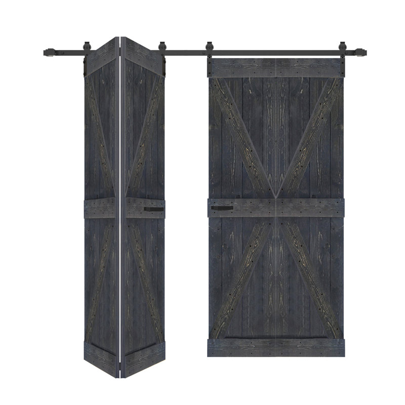 Porte de grange double pliante en bois massif de style K avec ensemble de quincaillerie - Assemblage requis, Gris carbone