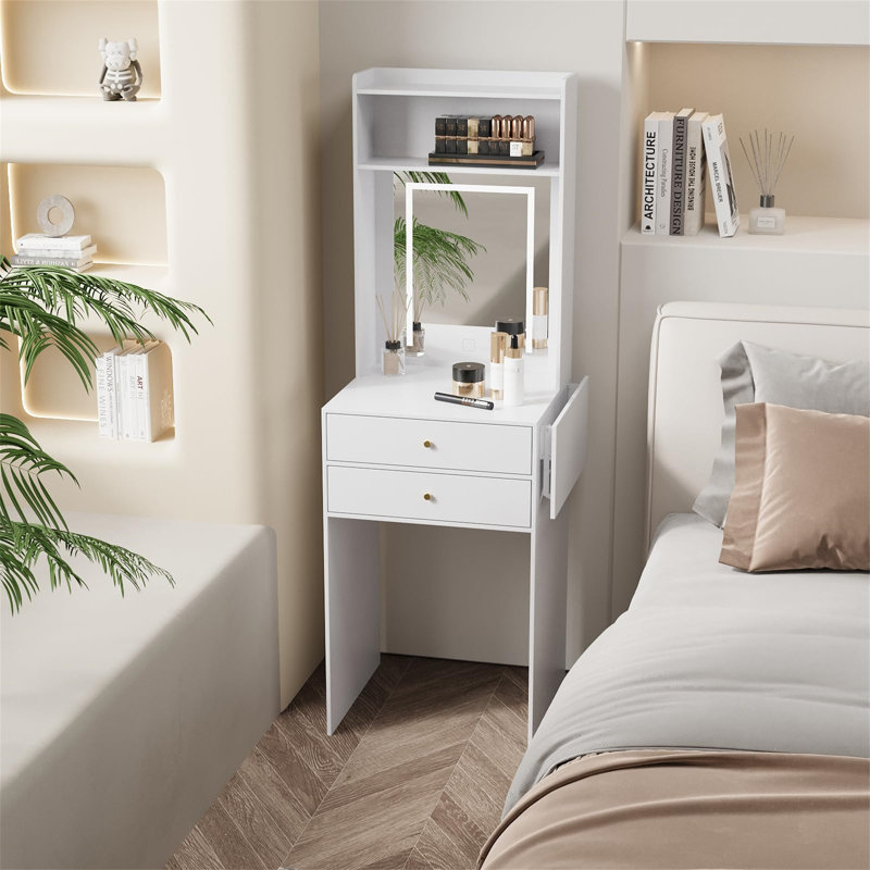 Dressing Table With LED Lighting, Adjustable Mirror, 2 Drawers And Open Shelves