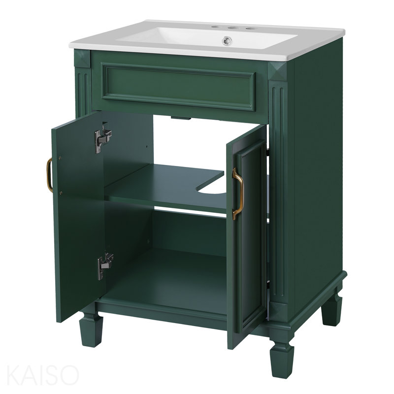 Meuble-lavabo de 24 po avec lavabo supérieur, armoire de rangement moderne avec 2 portes à fermeture douce et tablette réglable, structure en bois massif.