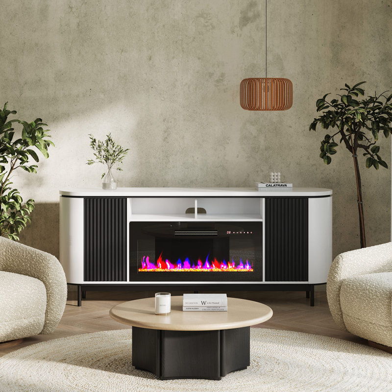 76" Fluted TV Stand with 36" Electric Fireplace, White
