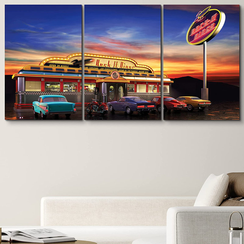 «Architecture American Retro Diner at Dusk», ensemble de 3 pièces, H 24 po x l 48 po, Toile tendue