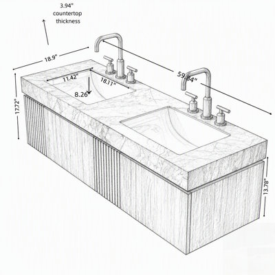 Meuble-lavabo de salle de bain avec lavabo, rangement flottant, plateau en pierre frittée Roma Travertine, 2 lavabos en céramique, pré-assemblé, grain de bois Heidelberg
