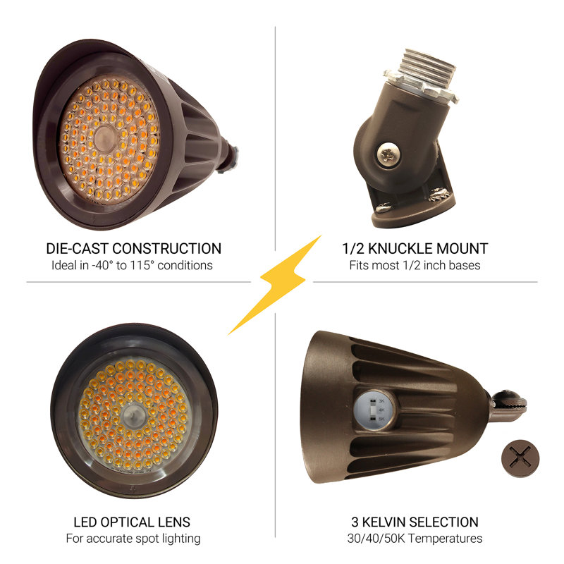 120-277V White LED Outdoor Bullet Landscape Light, 25W, 3CCT 1/2" Knuckle Mount IP65 Waterproof 6PK, Oil Rubbed Bronze