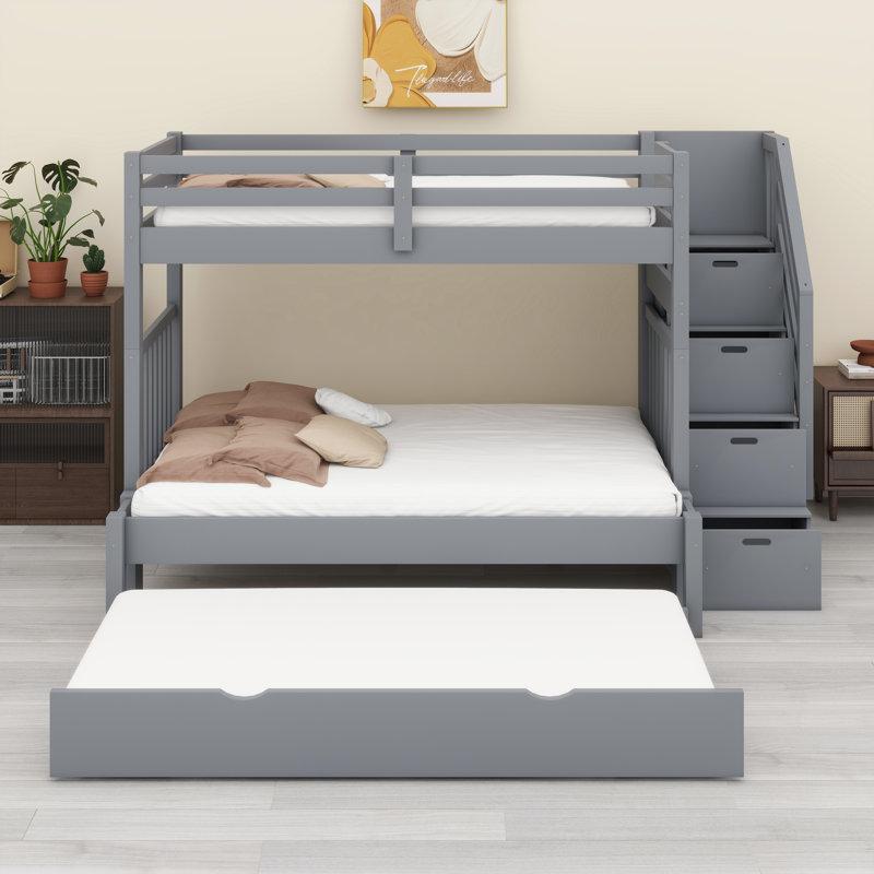 Bunk Bed Frame with Pull-Out Trundle, Grey
