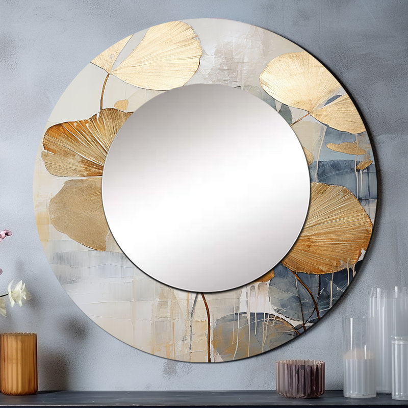 «Modern Golden Beige Palm Tree I», miroir mural décoratif tropical côtier, grand miroir rond côtier, impression d'art en métal
