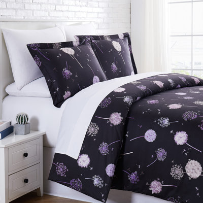 Southshore Fine Linens Dandelion Dreams Carbon King/California King 3-Piece Floral Cotton Duvet Cover Set with 2 King Shams, 300 Thread Count Sateen