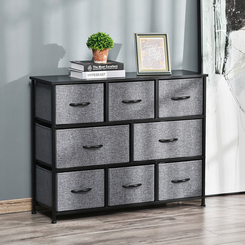 Commode, commode en tissu à 3 niveaux, unité de rangement avec structure en acier pour chambre à coucher, Gris foncé