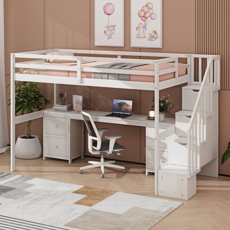Jaxsten Twin Size Loft Bed Frame with Built-in Desk and Double Storage Drawers, White