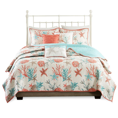 Coastal 6 Piece Cotton Quilt King/ King - Coral Color All Over Printed Shells, Starfish & Corals For Bedroom With Starfish, And A Classy Appearance