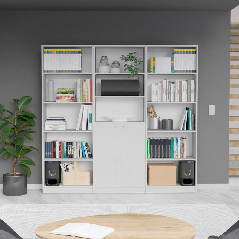 Ensemble de bibliothèque 3 pièces, 74 po de largeur avec 13 tablettes et 2 portes, ensemble de salon blanc, Blanc