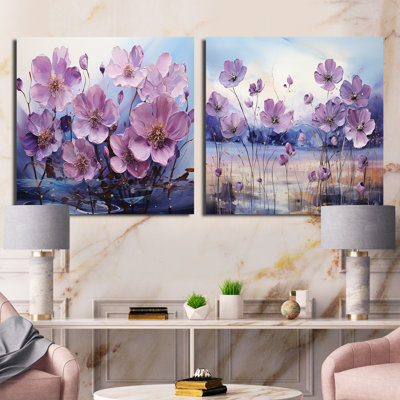 Violet Flower Meadow Harmony - Ensemble de 2 collages carrés