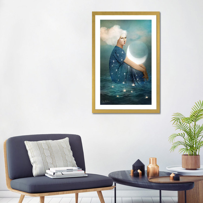 La lune par Catrin Welz-Stein - reproduction, H 32 po x l 24 po x P 1 po, Papier encadré doré, Blanc
