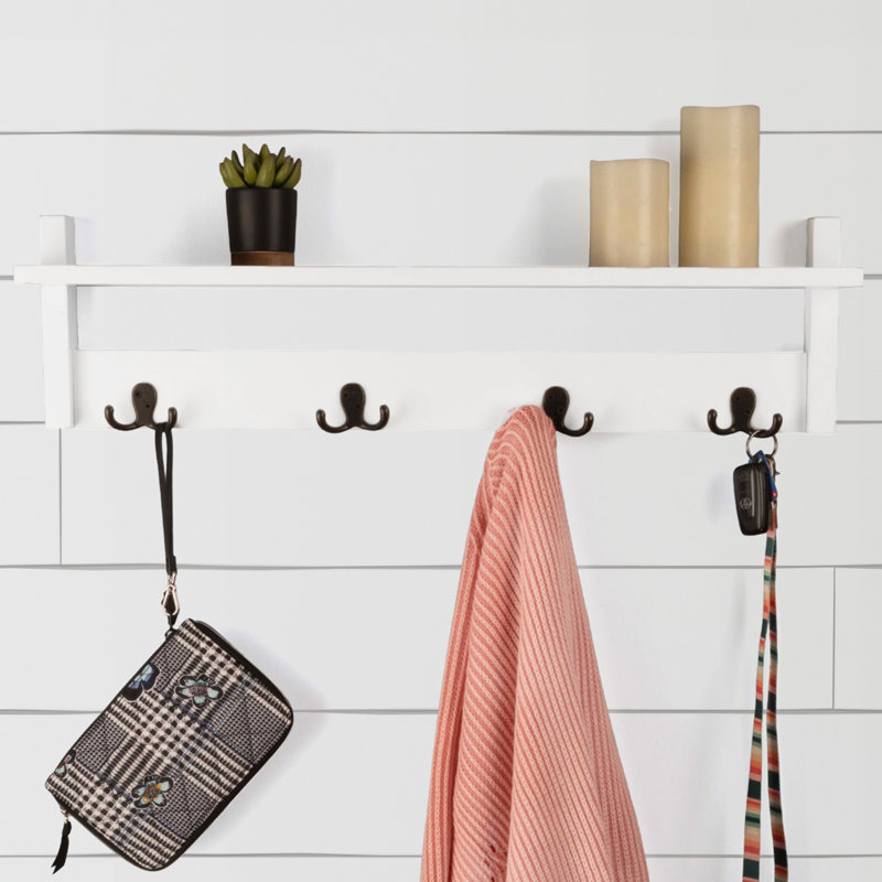 30" Wide Cottage Beach House Design Wall Mounted Coat Rack with 4 Hooks And 1 Shelf Tray, White