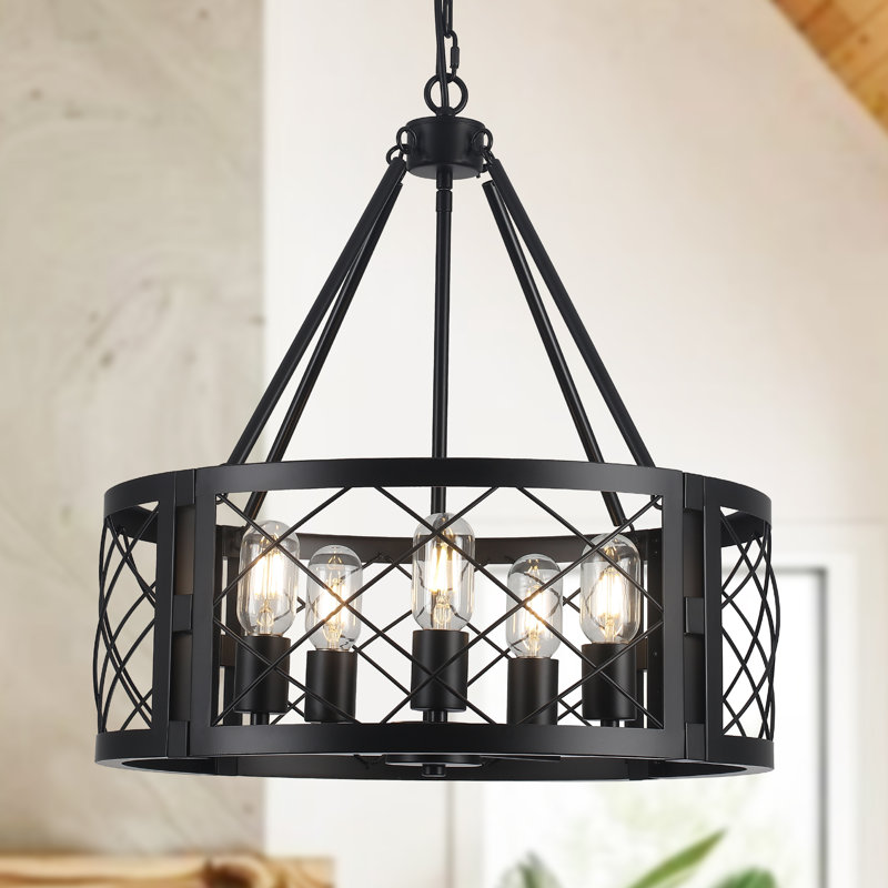 Napeague 5 - Light 19.7-inch Dimmable Drum Chandelier with Distressed Grain Accents, Matte Black