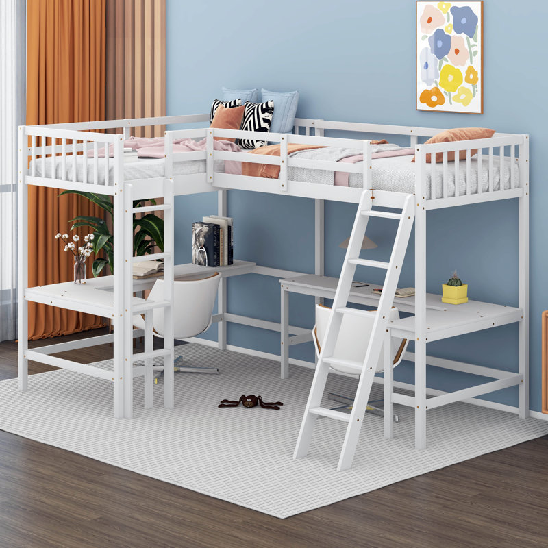 Lit mezzanine simple en L avec bureau et échelle Jingwen, Blanc