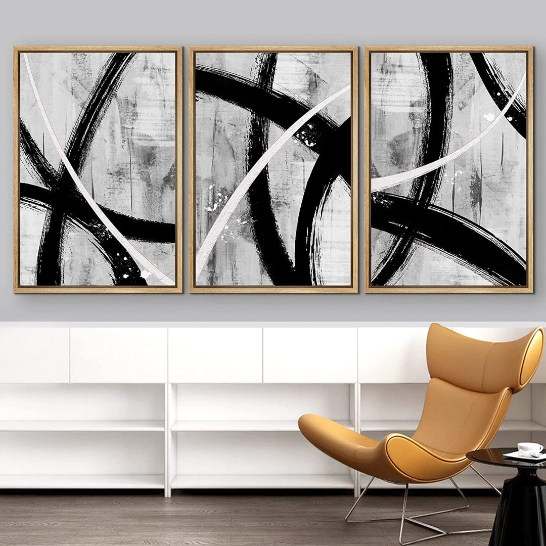 BAW " IDEA4WALL Framed Canvas Print Wall Art Set Black Gray White Geometric Paint Strokes Abstract Shapes Illustrations Modern Art Decorative Contemporary For Living Room, Bedroom, Office " 3 - Pieces IDEA4WALL Frame 