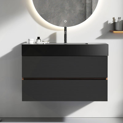 Meuble-lavabo 36 po avec lavabo à quartz d'ingénierie et tiroirs souples, meuble-lavabo mural flottant pour salle de bain moderne, sans drain ni robinet
