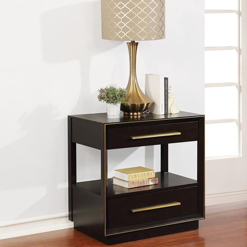 Table de chevet moderne avec finition grain de poivre fumé et 2 tiroirs fonctionnels pour plus de commodité
