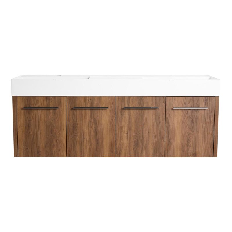 Meuble-lavabo mural 60 po avec lavabo, lavabo en résine épaisse à double rebord, ensemble KD, Blanc, Brun ébène