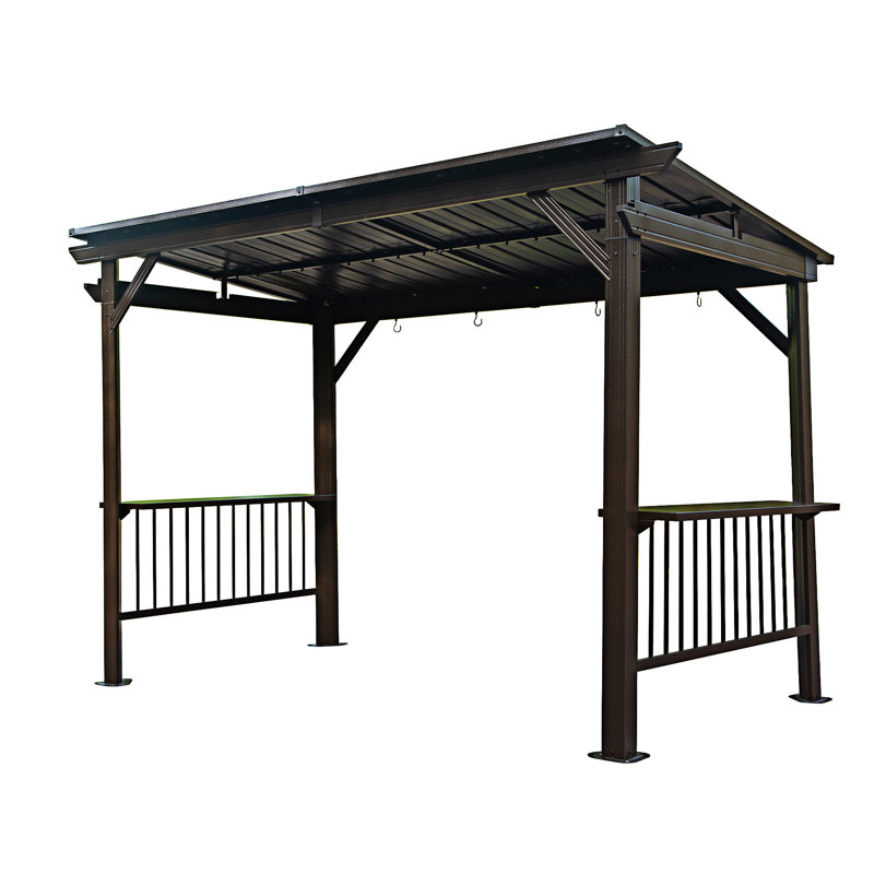 Pavillon de jardin extérieur avec tablettes latérales et toit en acier galvanisé incliné, Brun