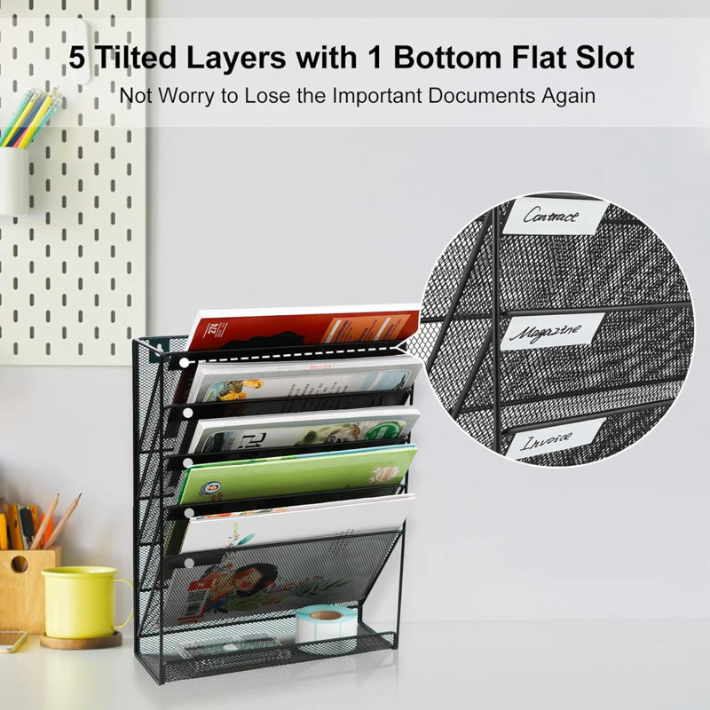 Wall File Holder 5 Tier Vertical Hanging File Organizer Wall Mount Paper Folder Rack With Bottom Flat Tray For Office And Home,Black