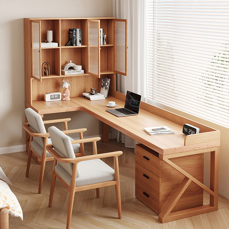 Bureau en L Burlywood avec verre en L et bois massif, H 70,87 po x l 70,87 po x P 39,37 po, Retour à gauche