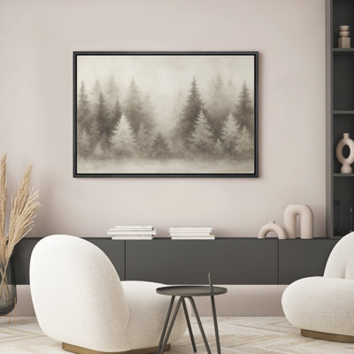 Misty Pine Forest Wall Art - Soft Neutral Woodland Landscape in Sepia, Framed Nature-Inspired Decor for Bedroom or Tranquil Living Spaces