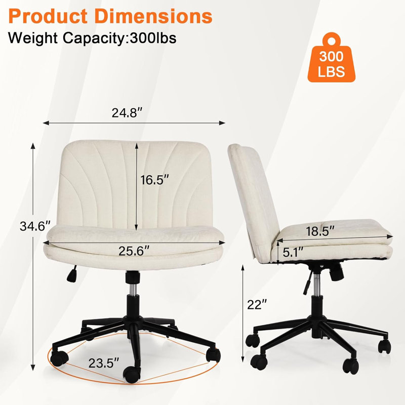 Nardin 25.6" Ultra Wide Padded Desk Chair Big Armless Home Office Chair With Swivel Wheels, Cream White