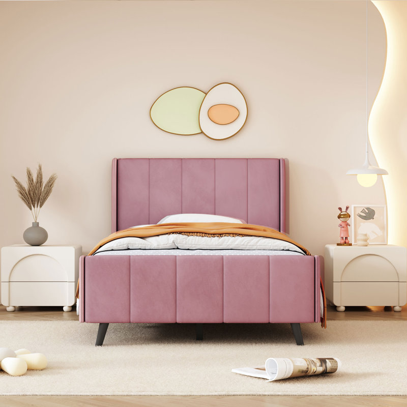 Lit plateforme tapissier taille, velours, Rose, Lit simple