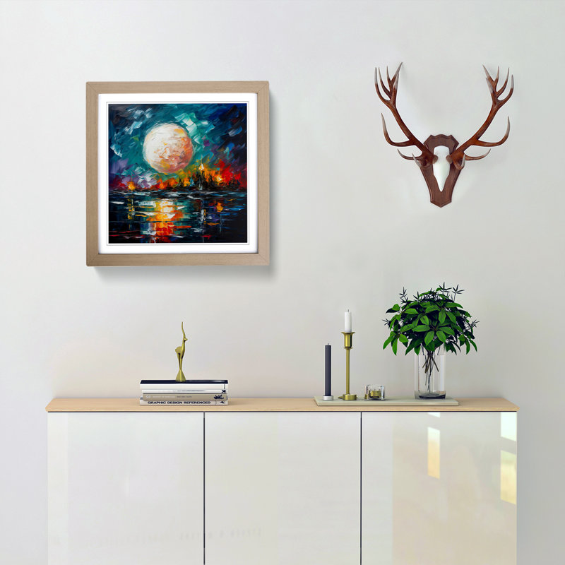 Moon Palette Knife Painting - Framed Print, Oak