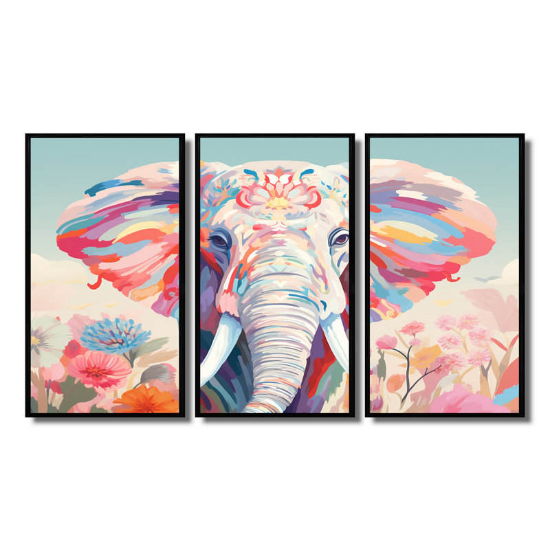 «Pink Elephant Retro Floral Portrait II», ensemble d'art mural éléphant, H 28 po x l 36 po x P 1 po, Cadre flottant noir