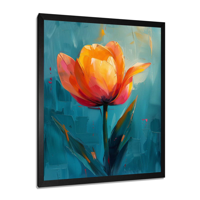 «Orange Orange Vibrant Bloom Tulips I», art mural tulipes, H 40 po x l 30 po x P 1,5 po, Cadre simple noir, bois massif