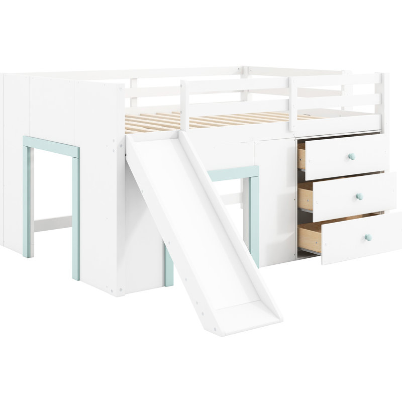 Lit mezzanine bas blanc pleine grandeur avec glissade, trois tiroirs de rangement et deux portes - bruit, structure stable, conception simple et facile à assembler dans une glissade, matériaux, aucun sommier tapissier requis